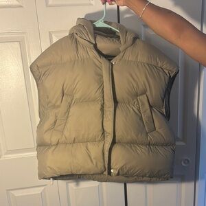 Tan Puffer Vest with Hood